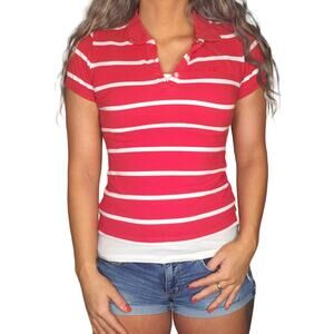 Red White Polo Shirt Juniors Large Y2k Preppy Striped Collared Cap Sleeve Skater